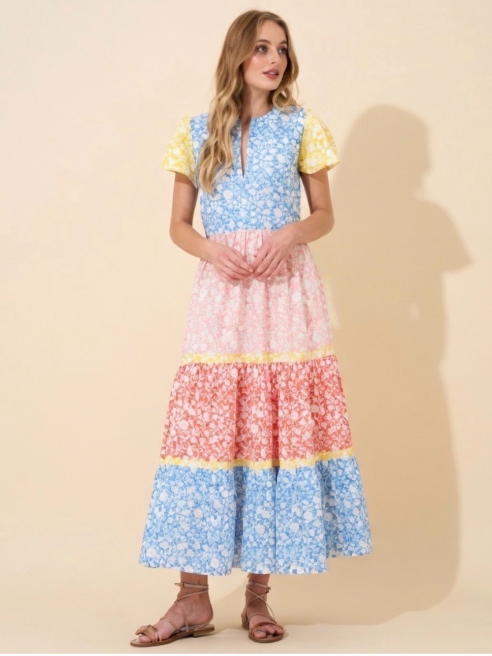 Oliphant V Neck Puff Sleeve Tiered Maxi Dress Colorblock Floral Blue Pink Sz XS